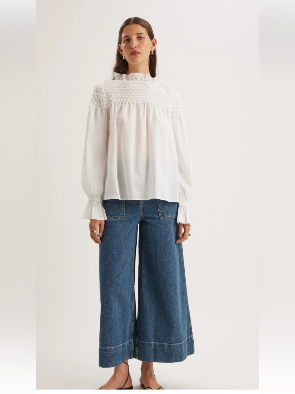 Merlette Majorelle Cream Smocked Yoke Blouse with a Elegant Ruffle Neck - Picture 3 of 12